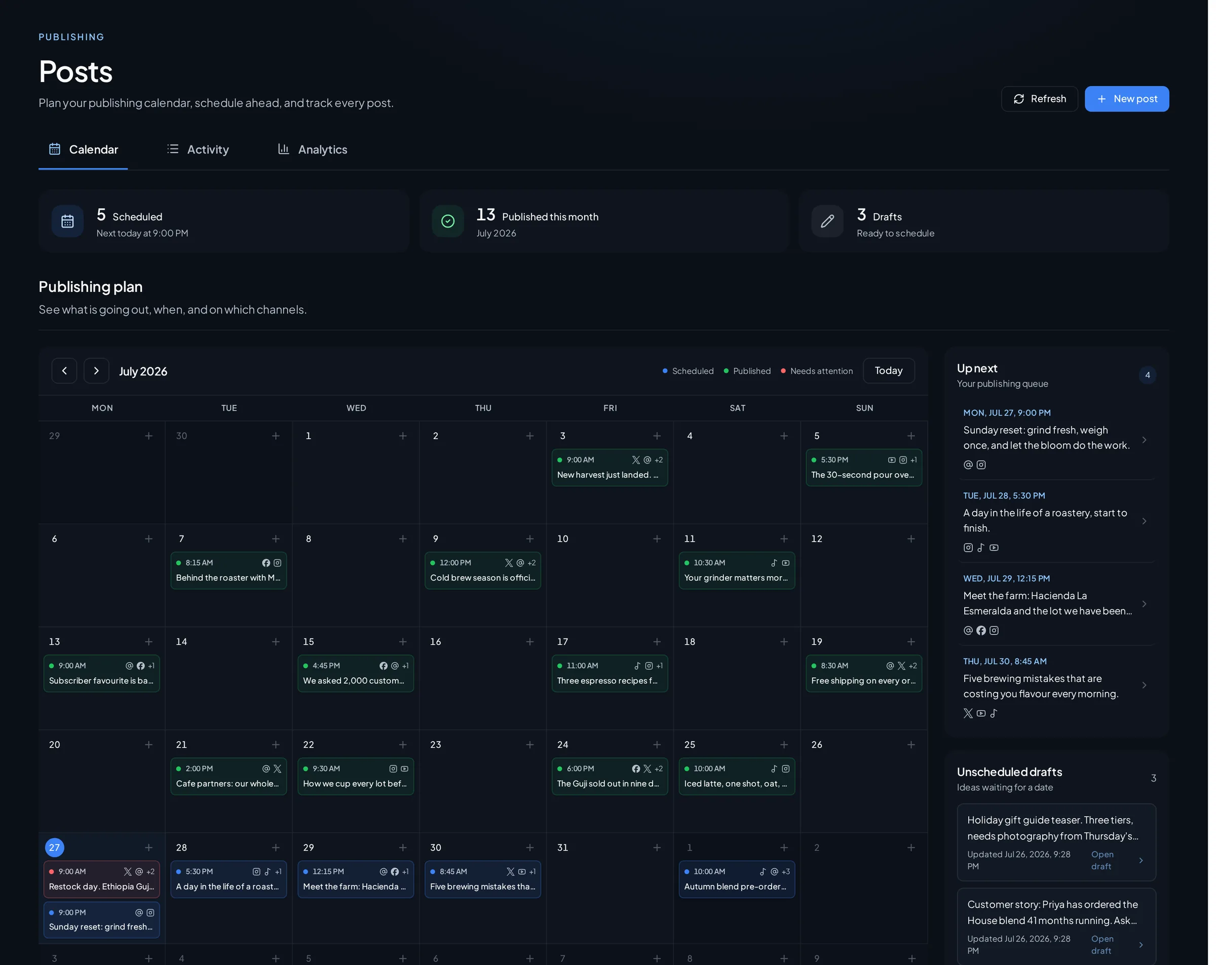 The Amplispect calendar: review your planned content together before choosing what to schedule. Product screenshot; separate from the illustrative coffee-shop plan above.